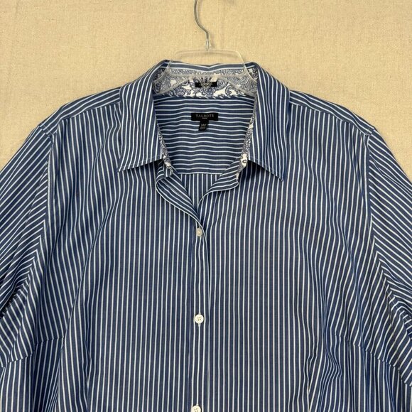 Talbots Blue & White Pin Striped Button Blouse Shirt Floral Flip Cuff 24W - Picture 3 of 14